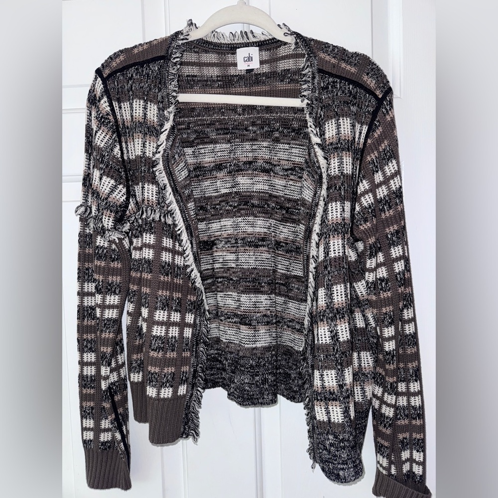 CAbi Plaid Open-Front Fringe Cardigan in Black, Gray & Cream